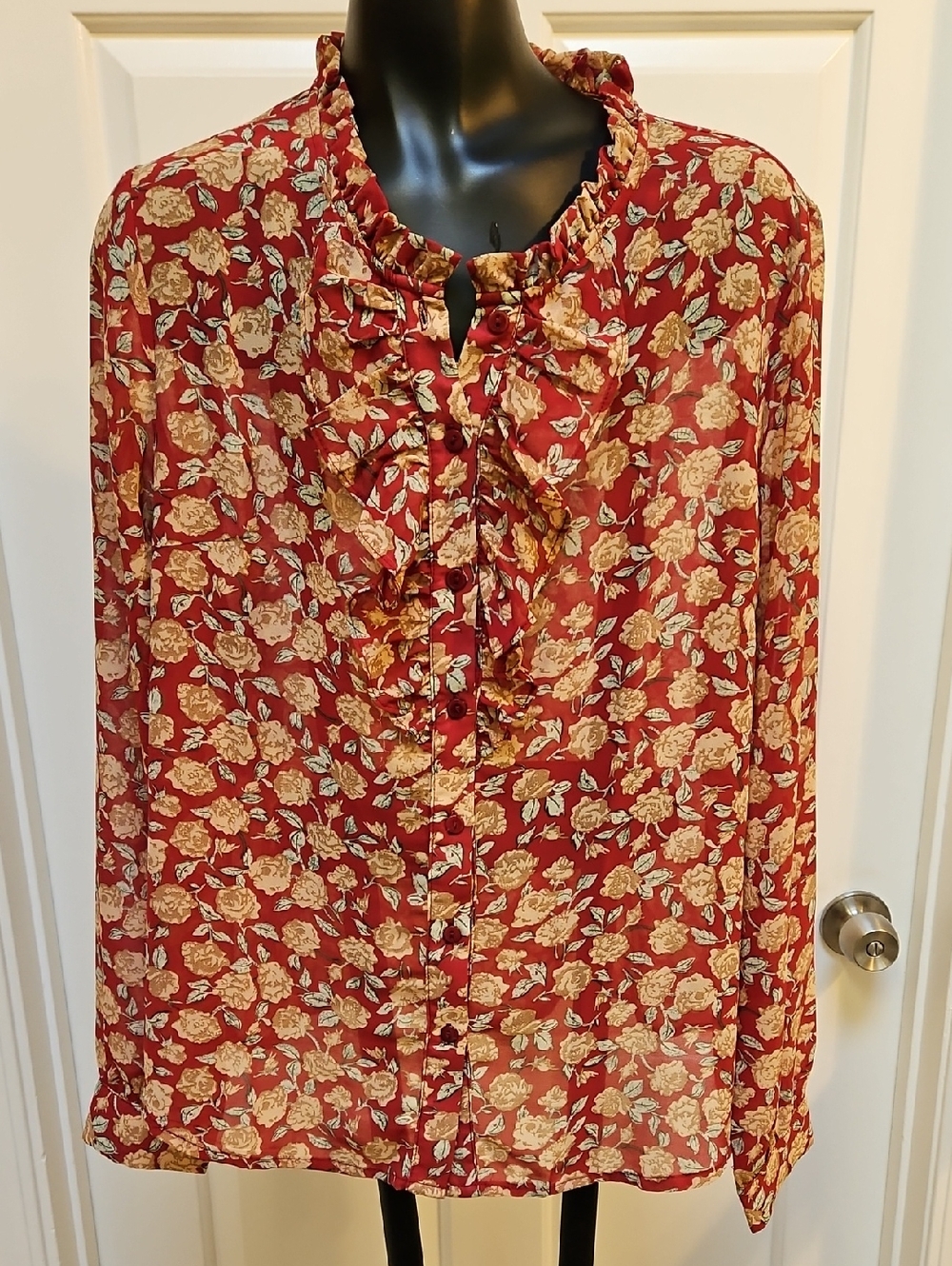 ALLEGRA K Women's Red Floral Ruffle-Neck Blouse top - M